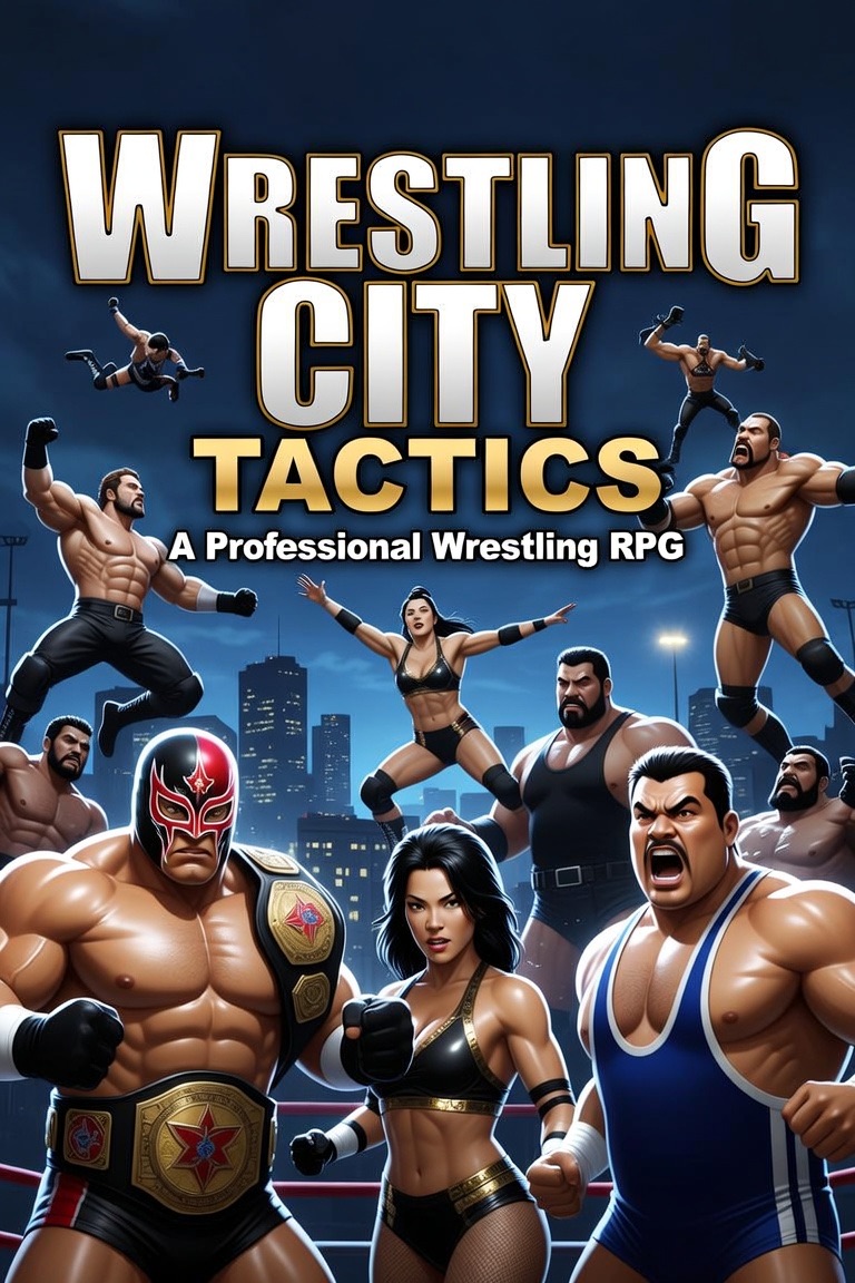 Wrestling City Tactics cover art: stylized original wrestlers &mdash; a masked luchador wearing a championship belt, a fierce brawler, and a blue-singlet powerhouse &mdash; squaring up over a night-city skyline above the ring ropes